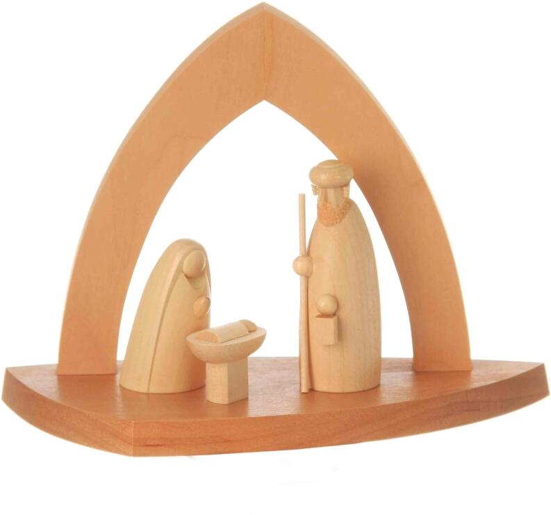 Bogenkrippe – Heilige Familie unterm Rundbogen naturbelassen – BxHxT 15x11x6cm