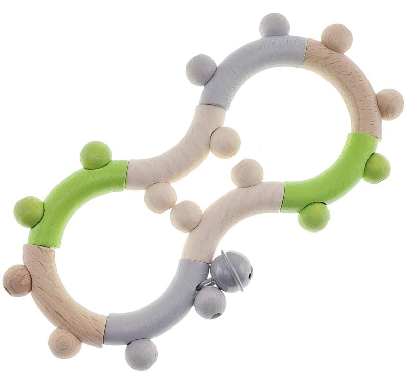 Babyspielzeug – tolle Holzrassel in apfelgrün mit bunten Kugeln und Glocke – BxHxT 8 x 16,5 x 2 cm
