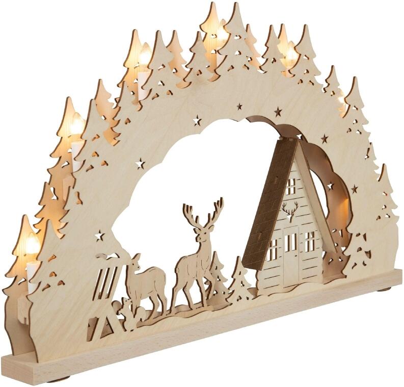 Schwibbogen – LED beleuchtet 7-flg. Waldhaus mit Reh, Fuchs und Hase – BxHxT ca. 52x32x4,5 cm