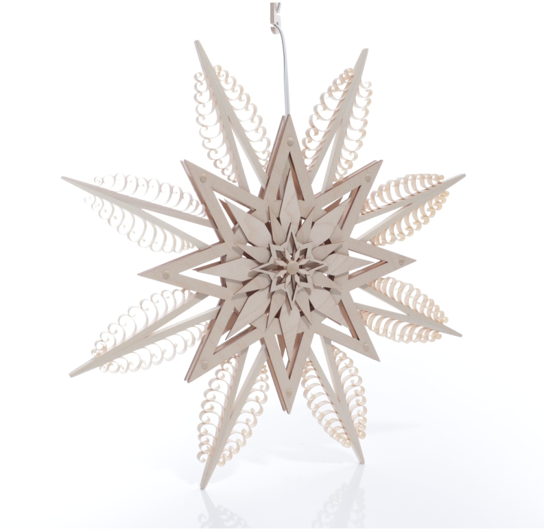 Fensterbild - Spanstern mit gestochenen Bäumchen mit LED-Beleuchtung Natur - Ansicht Vorne -