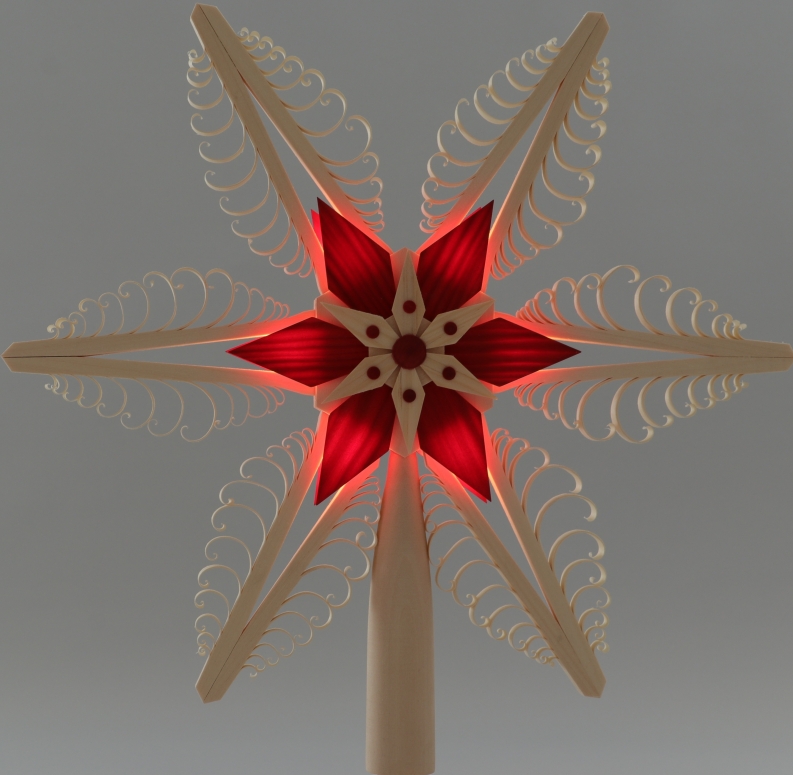Christbaumspitze Spanstern el. Beleuchtet Mittig mit Holzstern Rot - Ansicht Beleuchtet - strahlt