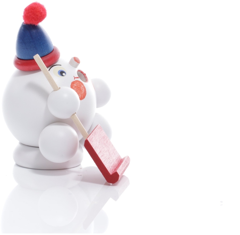 Räucherfigur - Räucherschneeball Weiß mit Schneeschieber und Bommelmütze - Ansicht Rechts - Schnee