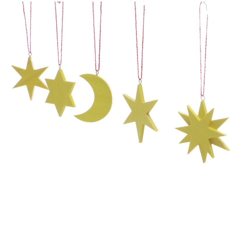 Baumbehang - 4 verschiedene Sterne und der Mond in Gelb zum Hängen - Ansicht Links - Fadenlänge ca