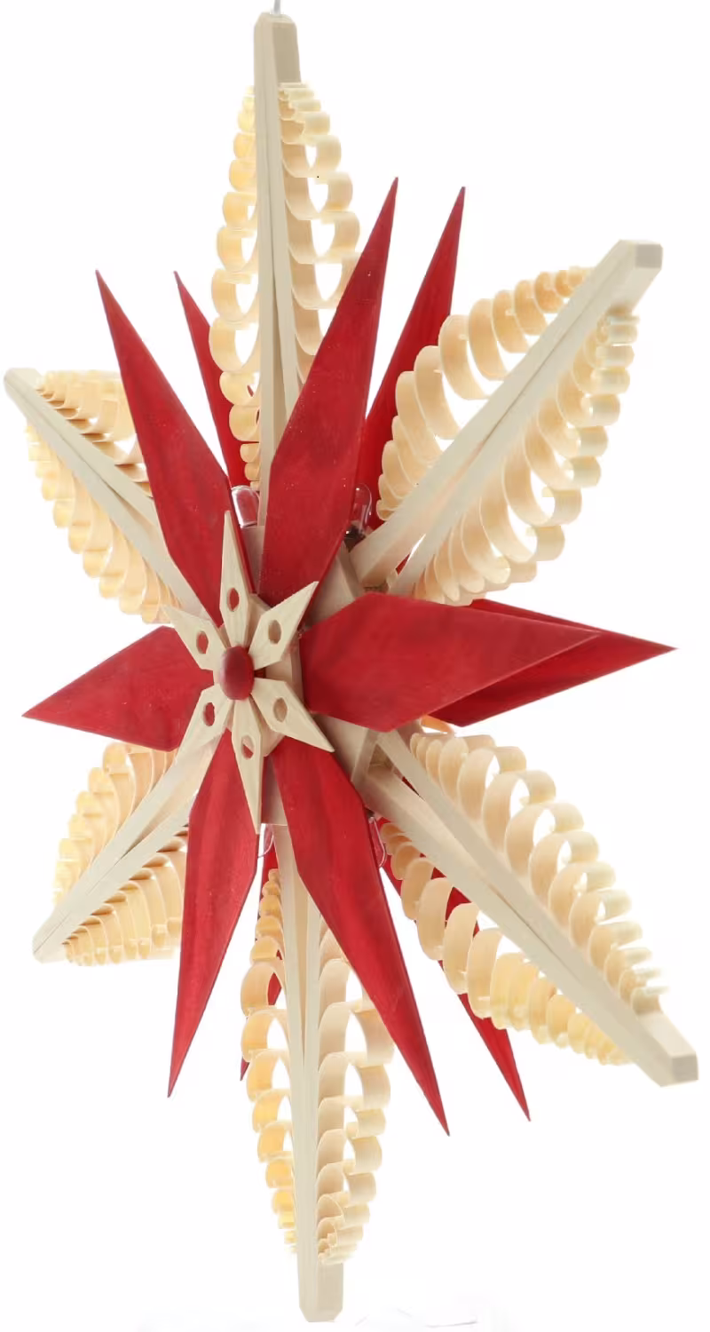Fensterschmuck - Filigraner, handgefertigter, elektrischer Spanstern mit sechs Spanbäumen und Kiefernstern in Rot/Natur – BxHxT ca. 32x32x6 cm - ...