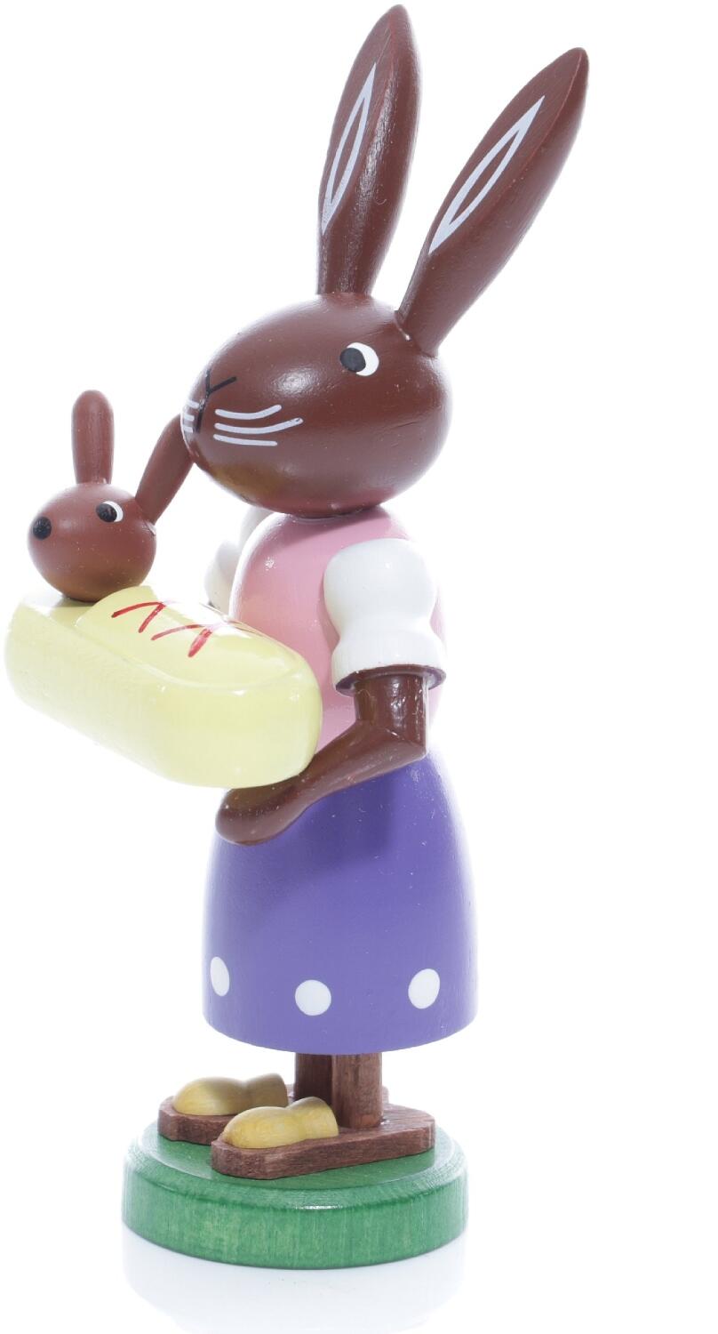 Osterfigur – handgefertigte, liebevoll bemalte Osterhäsin mit Baby im Schlafsack – BxHxT ca. 5x9x4 cm