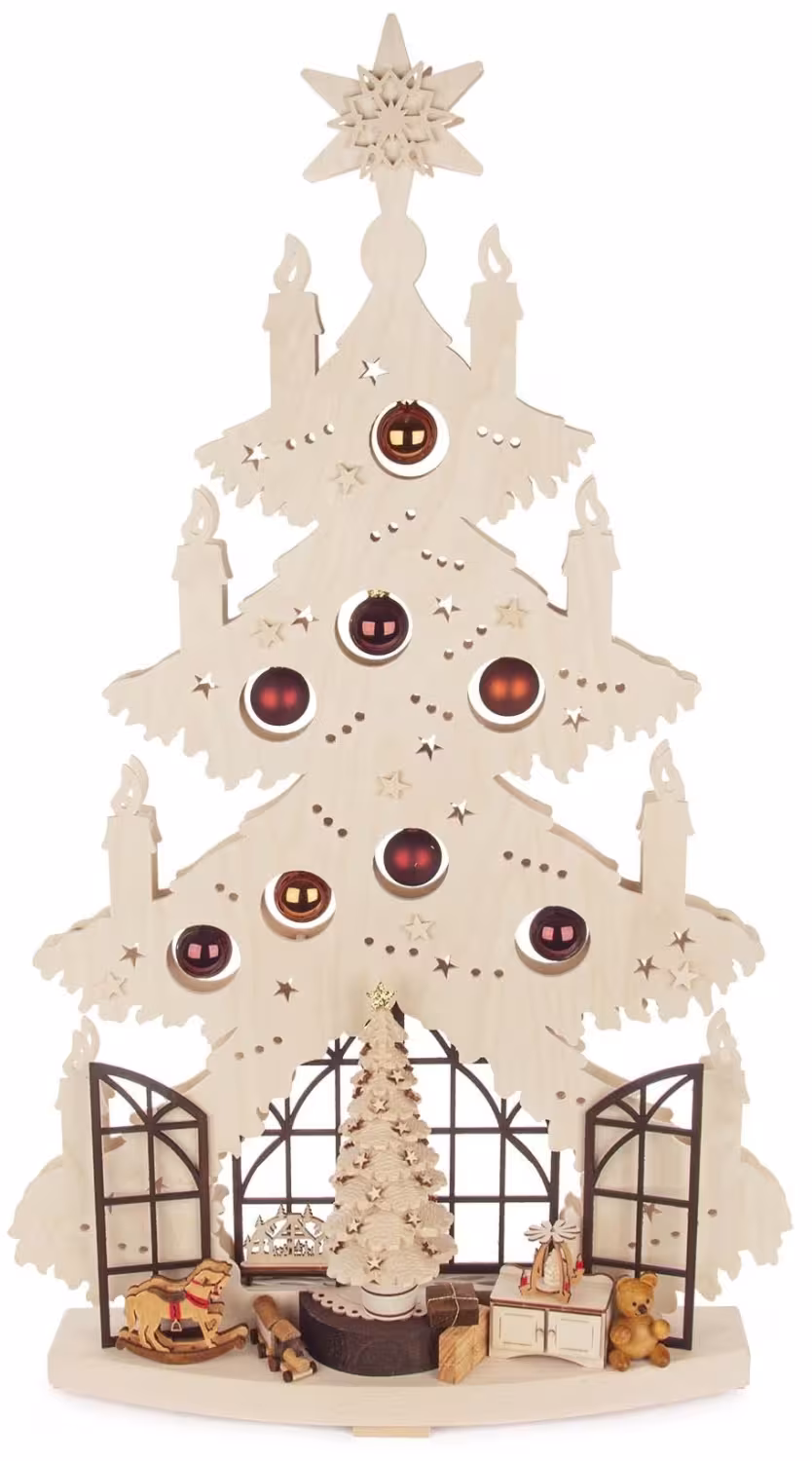 Schwibbogen detailreiche Tanne mit Weihnachtsstube und Mini-Pyramide aus Holz mit warmweißen LEDs