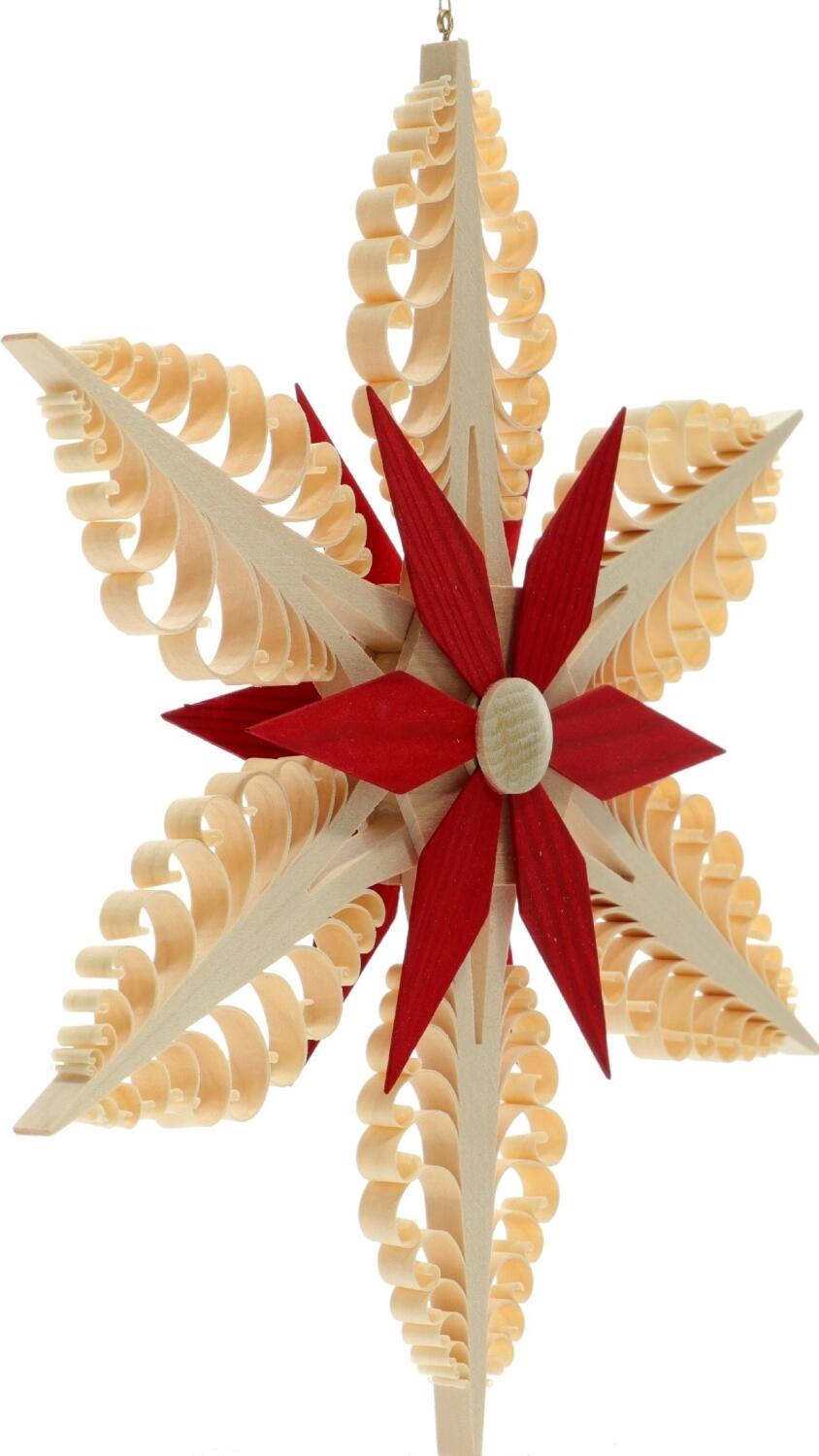 Spanstern Mitte mit Kiefernstern Rot - Ansicht Rechts - aus handgestochenen B&auml;umchen