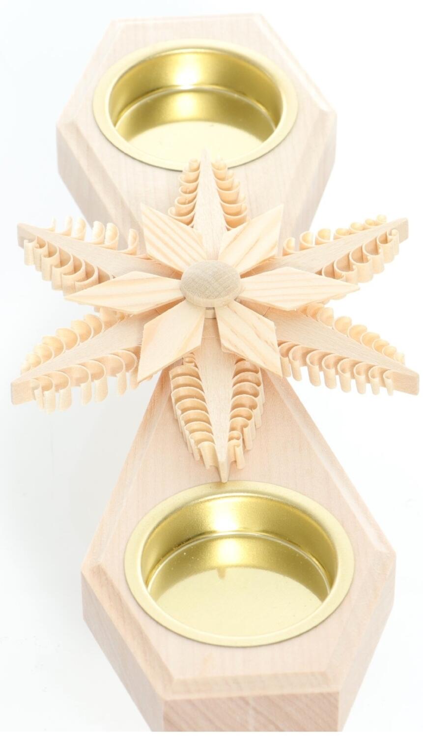 Tischschmuck – Handgefertigter Teelichthalter für 2 Kerzen mit kunstvollem Spanstern – BxHxT ca. 22x3x10 cm