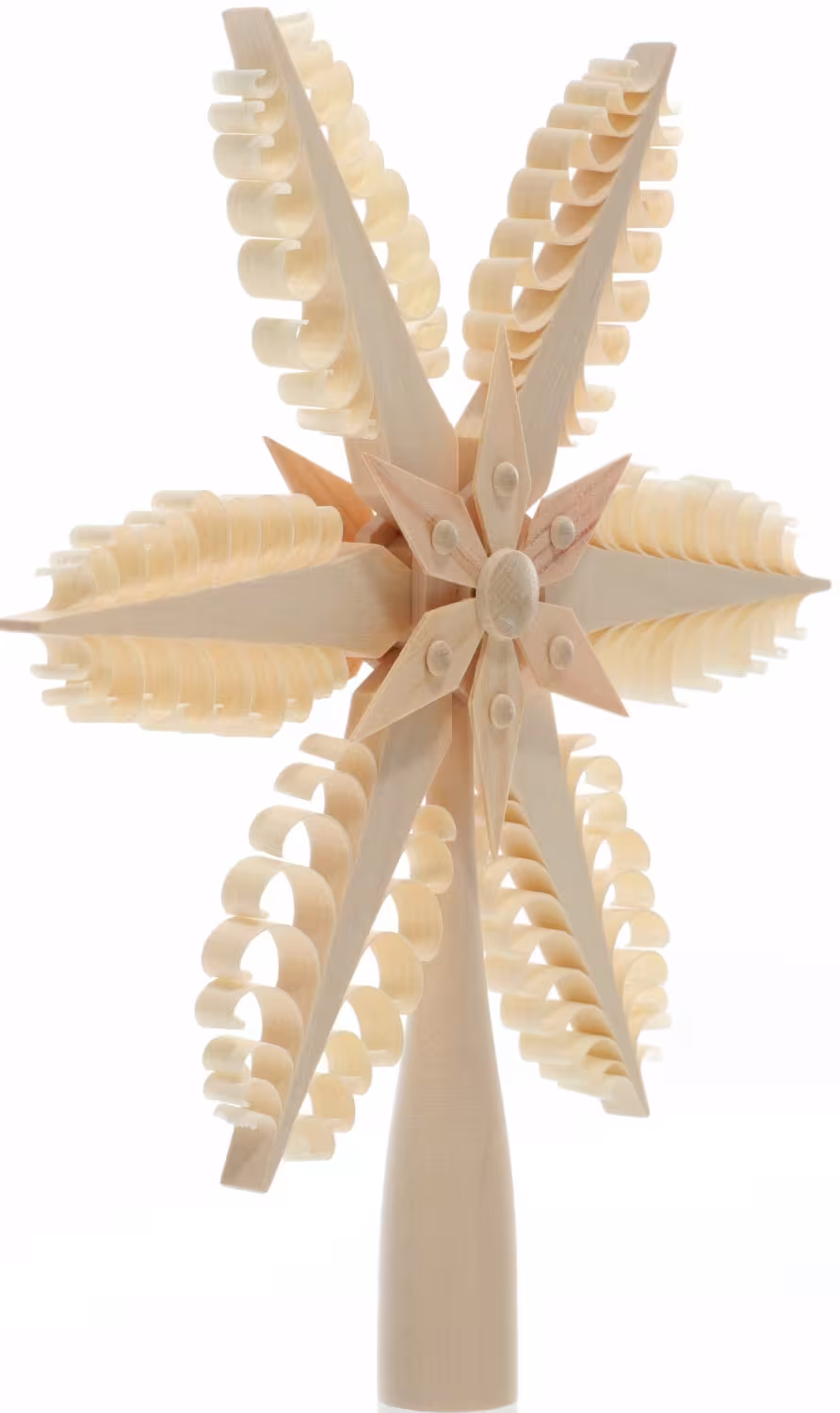 Christbaumschmuck – Filigrane, handgefertigte Baumspitze mit Spanbäumen und Kiefernstern-Applikationen – BxHxT ca. 20x21x3 cm - Seitliche Ansicht ...