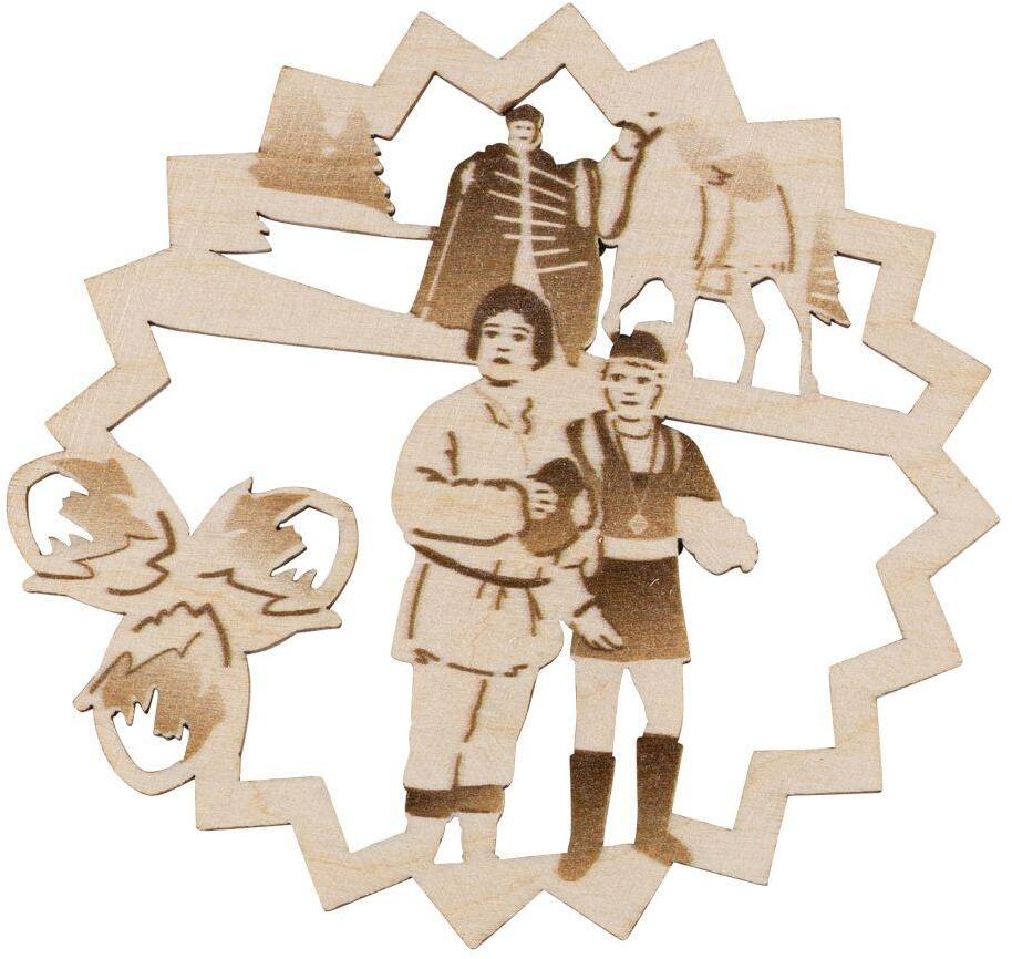 Baumschmuck &ndash; naturbelassene Sterne mit detailreichen DEFA-Schneewittchen-Motiven &ndash; BxHxT 8 x 8,5 x 0,3 cm