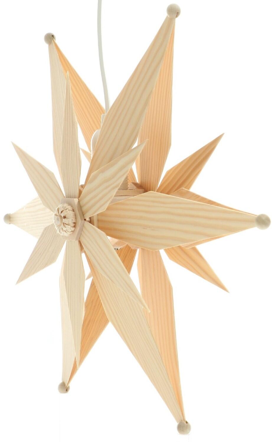 Fensterschmuck - filigraner doppelter Kiefernstern mit elektrischer Beleuchtung, zentralem Stern und Rosette, naturbelassenes Lindenholz - BxHxT 32x32x10cm