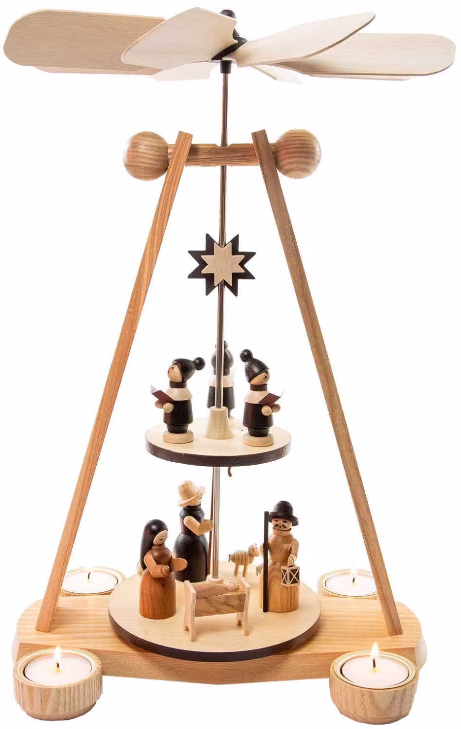 Pyramide Christi Geburt mit Kurrendefiguren und Teelichtern, naturfarbene Holzpyramide von
