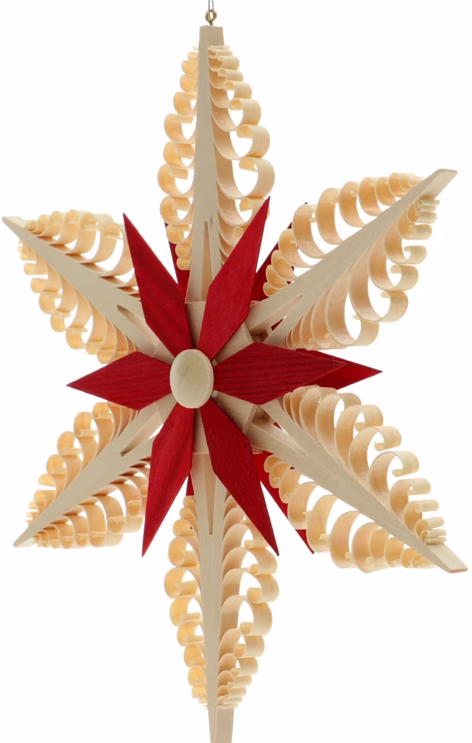 Fensterschmuck Spanstern aus Holz – filigraner, handgefertigter Stern mit roten Segmenten von Baum-