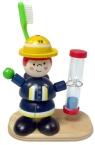 Zahnputzuhr – fröhlicher Feuerwehrmann Fred mit bunter Sanduhr und Zahnbürstenhalter – BxHxT 9,5 x