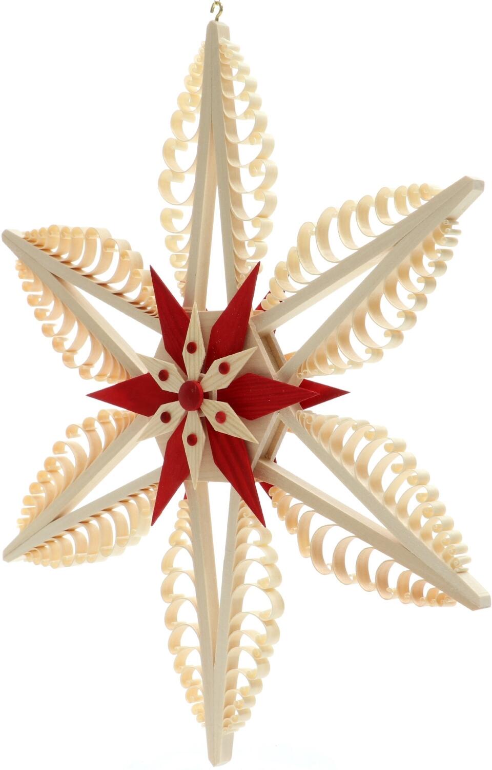 Spanstern Mitte mit 2 Kiefersterne Natur und Rot - Ansicht Links - mit Handgestochenen Bäumchen