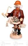 Räuchermann – detailreicher Schwibbogenhändler mit rotem Mantel und blauem Hut, liebevoll handbemalt