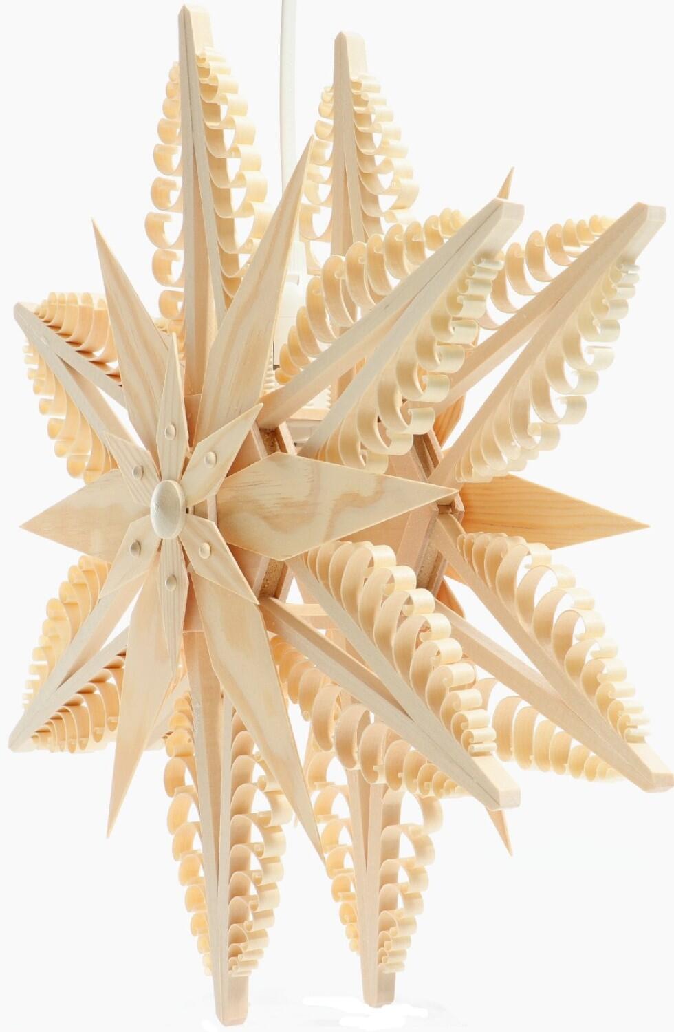 Fensterschmuck - filigraner Spanstern mit elektrischer Beleuchtung, naturbelassenen Holzsegmenten, Kiefernholz - BxHxT 32x32x10cm