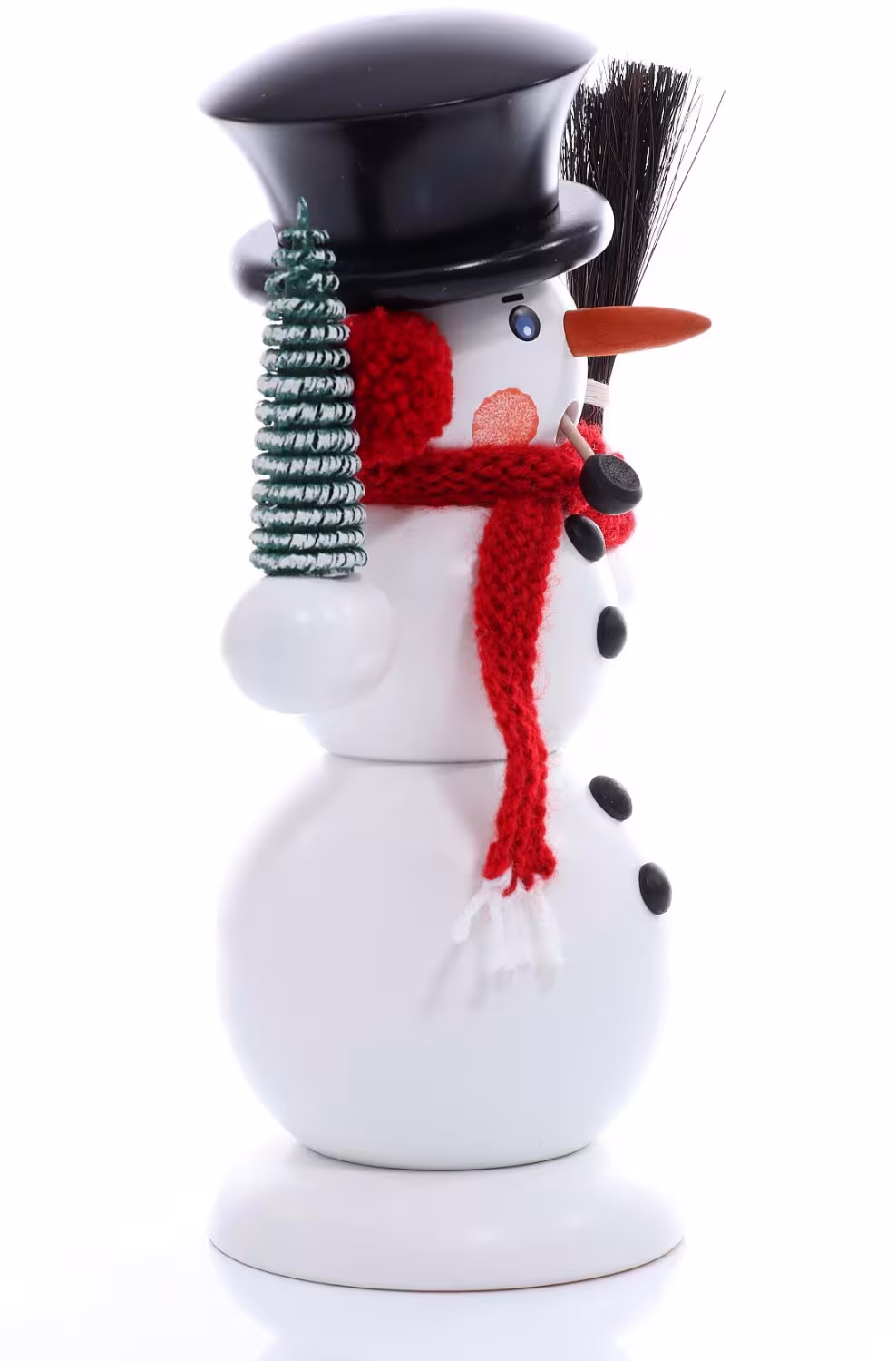 Räucherfigur Räucherschneemann mit Besen, Zylinder und Ringelbaum aus Holz von ERZIH Ingo