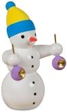 Holzfigur – fröhlicher Schneemann mit gelber Mütze und lila Weihnachtskugeln – BxHxT 4 x 6,5 x 3 cm