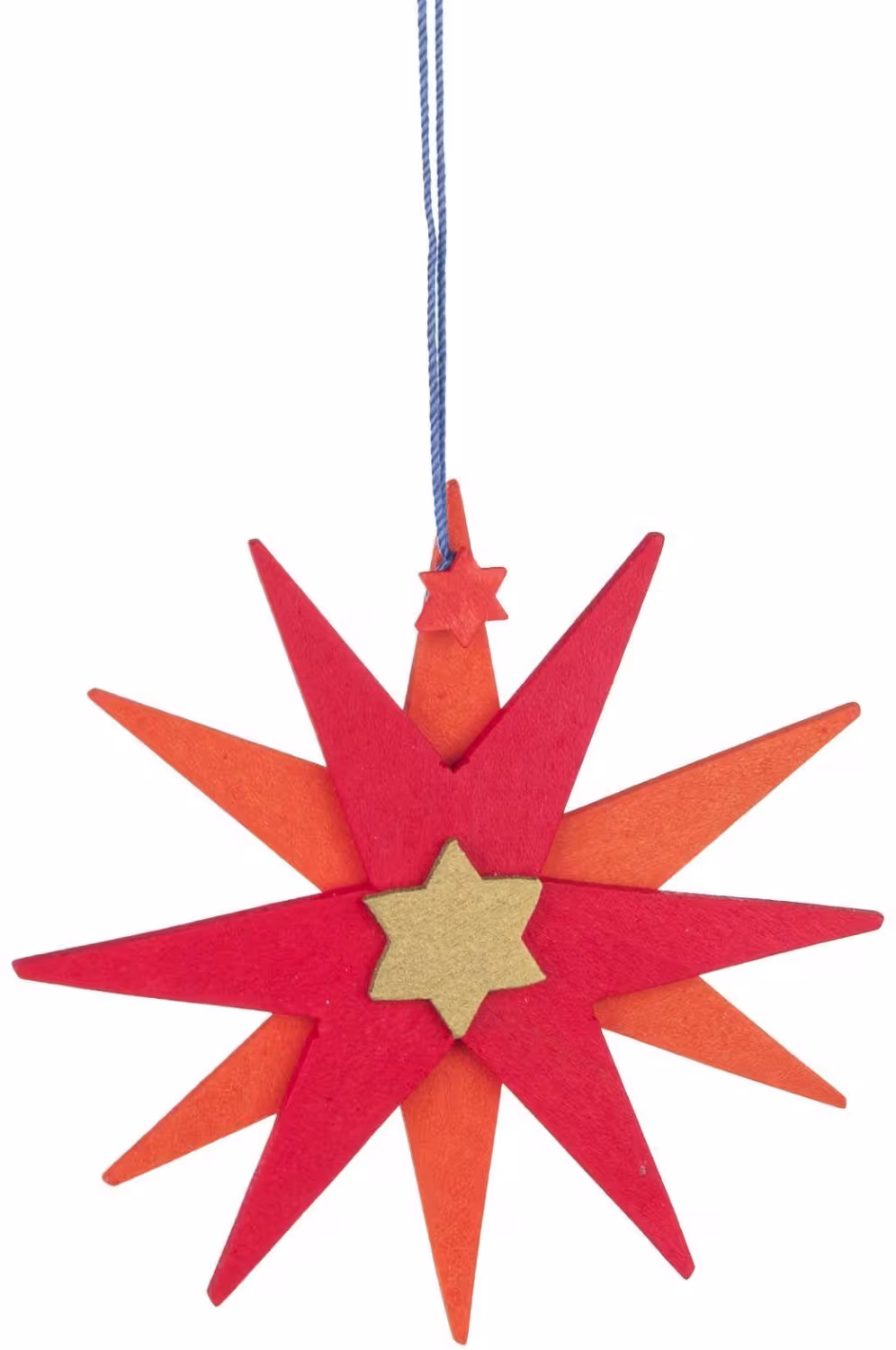 Christbaumschmuck Weihnachtsstern natur aus Holz in Rot und Orange mit kleinem Sternanhänger von