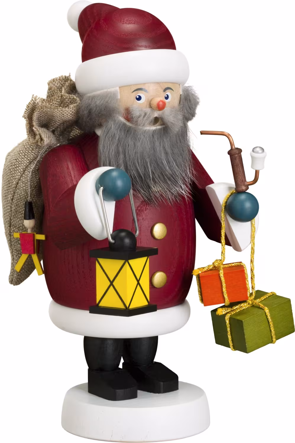 Räuchermann – handgefertigter Weihnachtsmann mit Geschenkesack und Laterne bunt bemalt aus Holz von